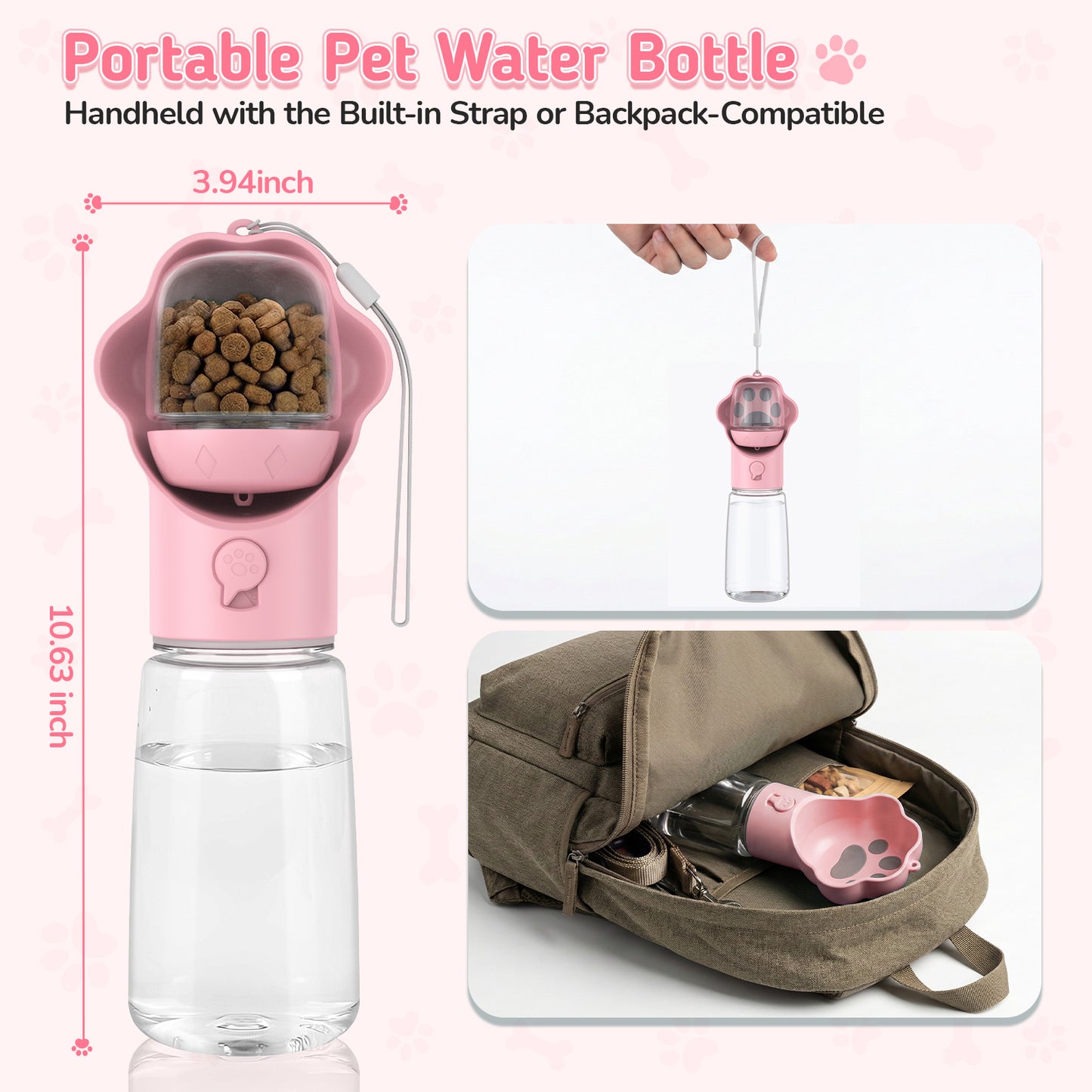 Hutact Dog Water Bottle with Food Container, 18.6oz Pet Dispenser Cup, Detachable 5.7oz Food Container, Portable Leak-Proof Water Bottle with Lock