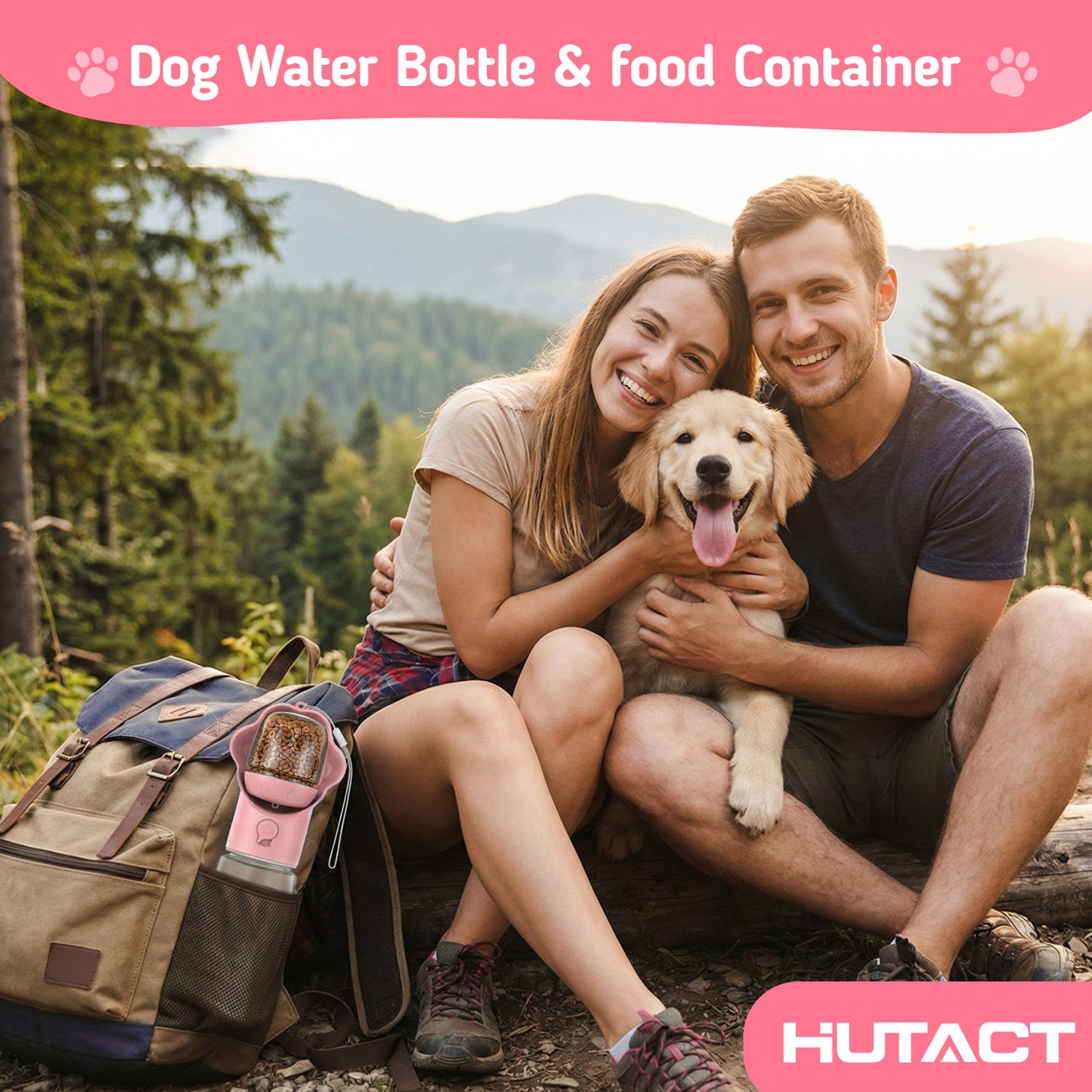 Hutact Dog Water Bottle with Food Container, 18.6oz Pet Dispenser Cup, Detachable 5.7oz Food Container, Portable Leak-Proof Water Bottle with Lock