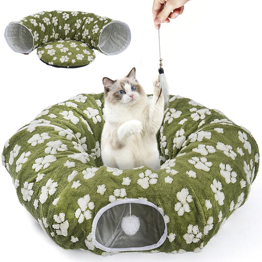 Hutact Cat Tunnel Bed with Soft Cushion, 2-in-1 Pet Bed & Tunnel for Indoor Cats, 34" Soft Plush Peekaboo Cat Cave Donut Tunnel Playground Toys for Kittens, Green