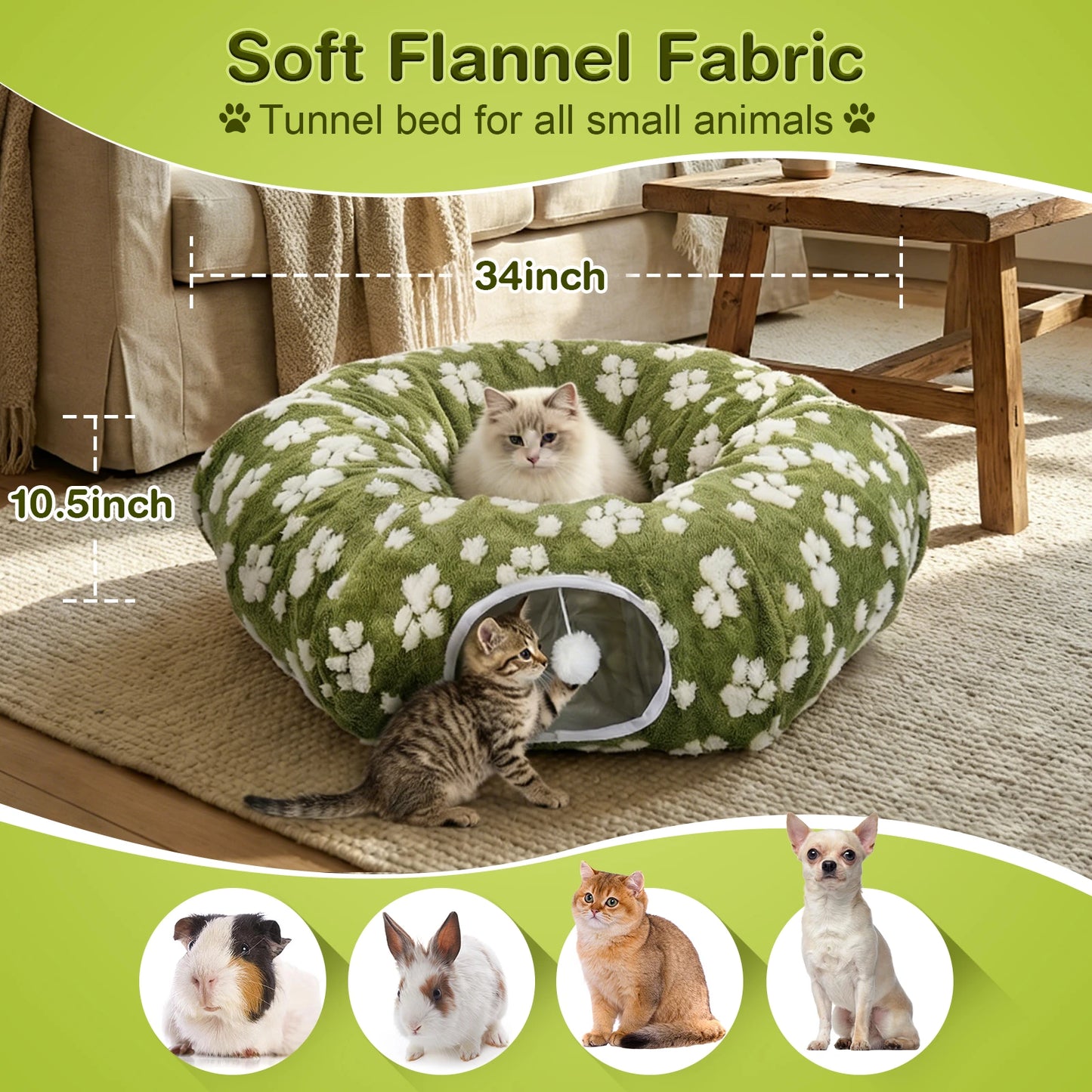 Hutact Cat Tunnel Bed with Soft Cushion, 2-in-1 Pet Bed & Tunnel for Indoor Cats, 34" Soft Plush Peekaboo Cat Cave Donut Tunnel Playground Toys for Kittens, Green