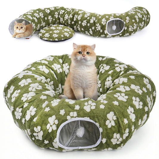 Hutact Cat Tunnel Bed with Soft Cushion, 2-in-1 Pet Bed & Tunnel for Indoor Cats, 34" Soft Plush Peekaboo Cat Cave Donut Tunnel Playground Toys for Kittens, Green