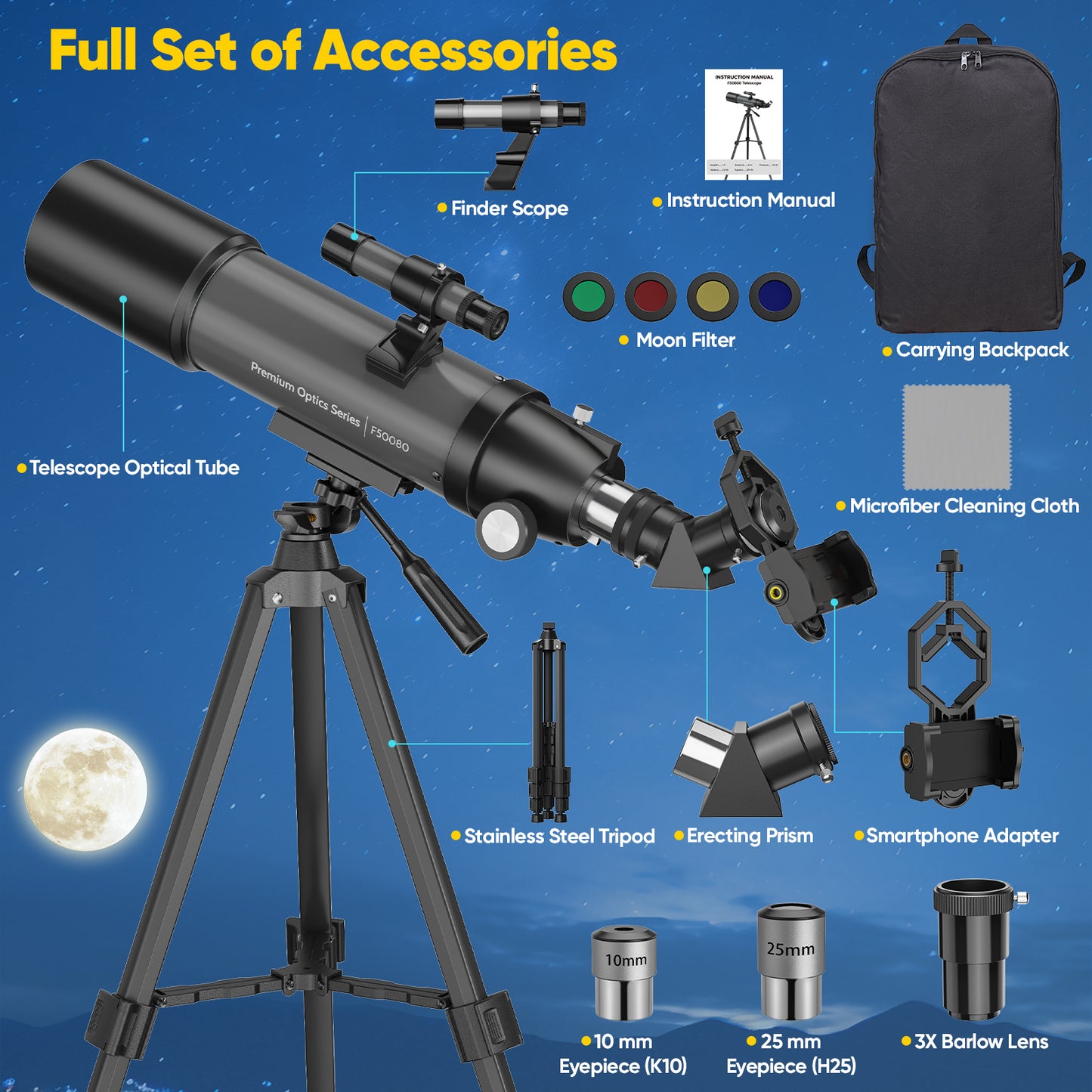 Hutact Telescope for Kids Adults, Telescope 80mm Large Aperture, 20X-150X Beginners 500mmTelescope Astronomical Refractor Telescope Professional with Moon Filters Backpack, Gray