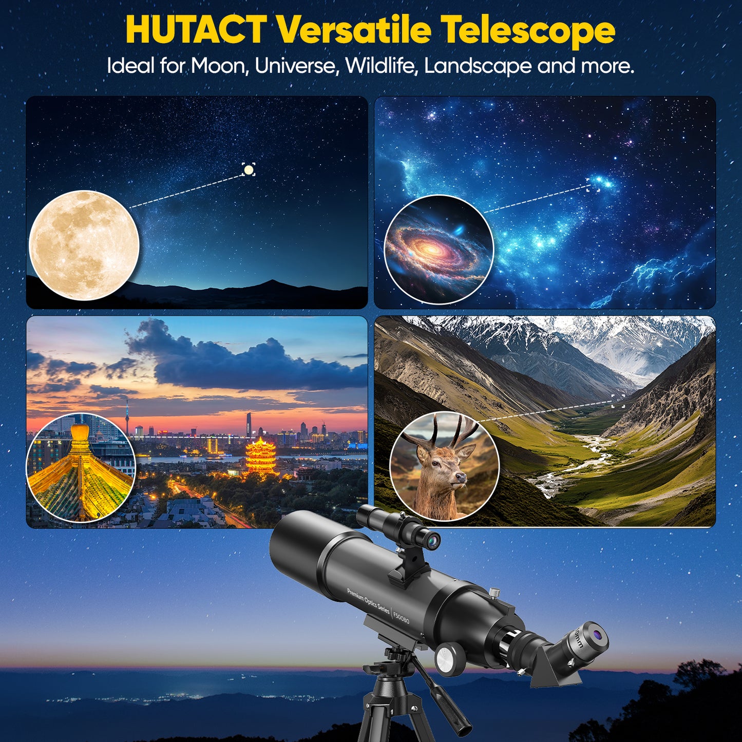 Hutact Telescope for Kids Adults, Telescope 80mm Large Aperture, 20X-150X Beginners 500mmTelescope Astronomical Refractor Telescope Professional with Moon Filters Backpack, Gray