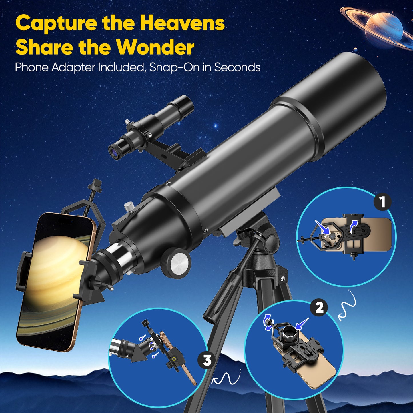 Hutact Telescope for Kids Adults, Telescope 80mm Large Aperture, 20X-150X Beginners 500mmTelescope Astronomical Refractor Telescope Professional with Moon Filters Backpack, Gray