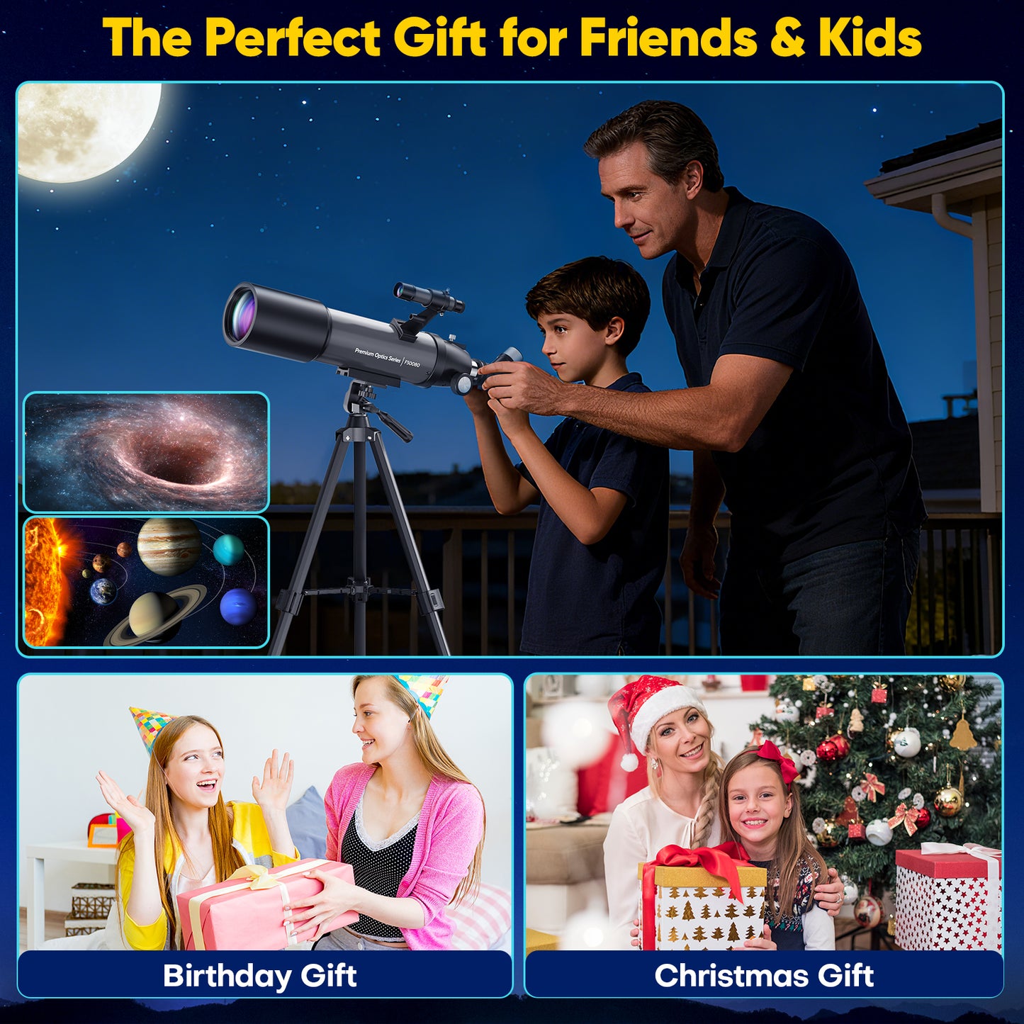 Hutact Telescope for Kids Adults, Telescope 80mm Large Aperture, 20X-150X Beginners 500mmTelescope Astronomical Refractor Telescope Professional with Moon Filters Backpack, Gray