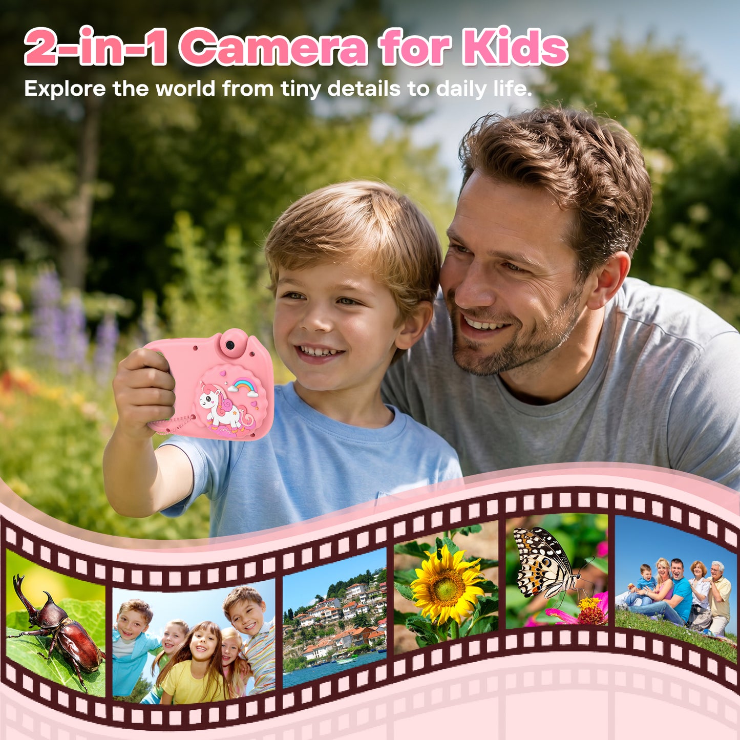 USCAMEL Kids Camera with Reversible Lens, Upgrade 2 in 1 Handheld Camera, 2.4" Digital Video Camera 1080p Portable Creative Toy for Photography & Play, Gift for Girls Boys