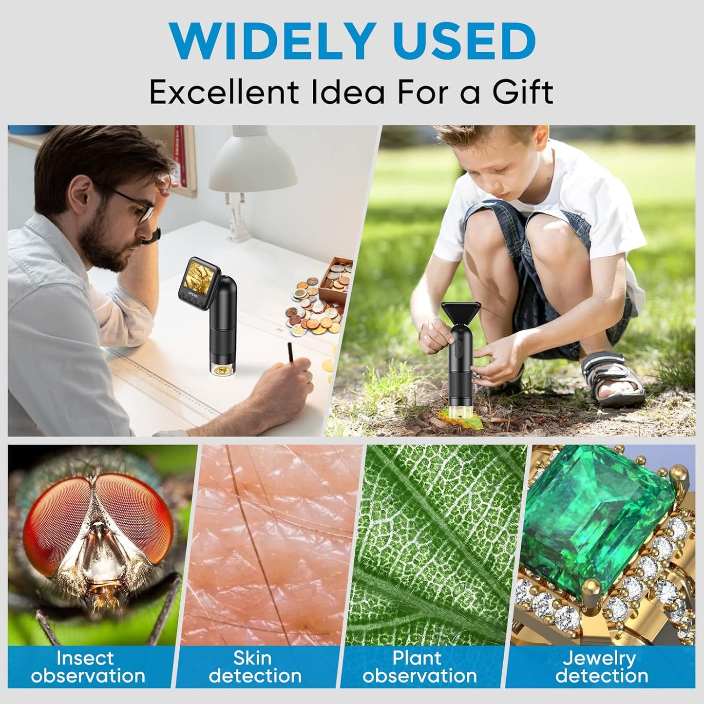 Handheld Microscope with 2” Screen, Pocket Digital Microscope for Kids 1000x Magnification Rechargeable Small Microscope w/32G SD Card, 800mAh Adjustable Light, PC Support