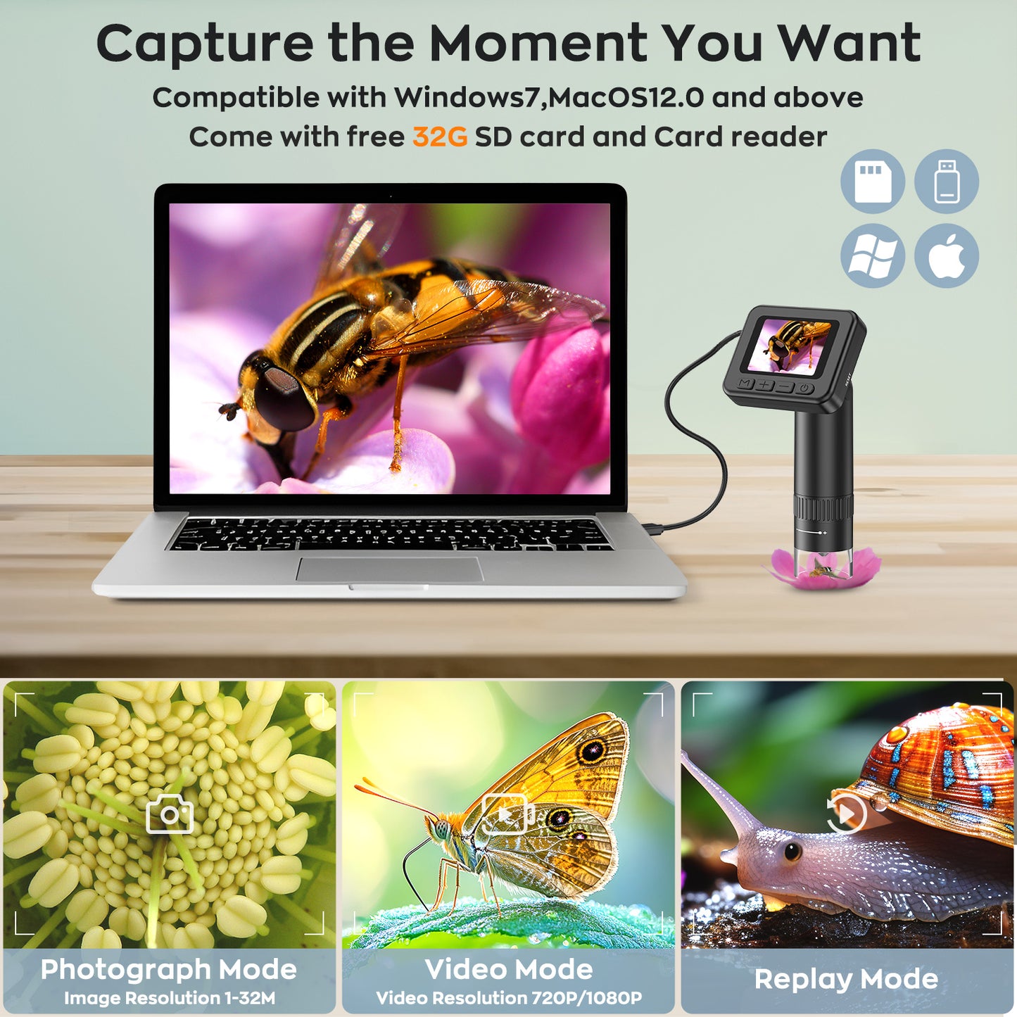 Hutact Handheld Microscope, Microscope for Adults 800mAh Rechargeable Pocket Microscope 32G SD Card & Card Reader, PC View Support