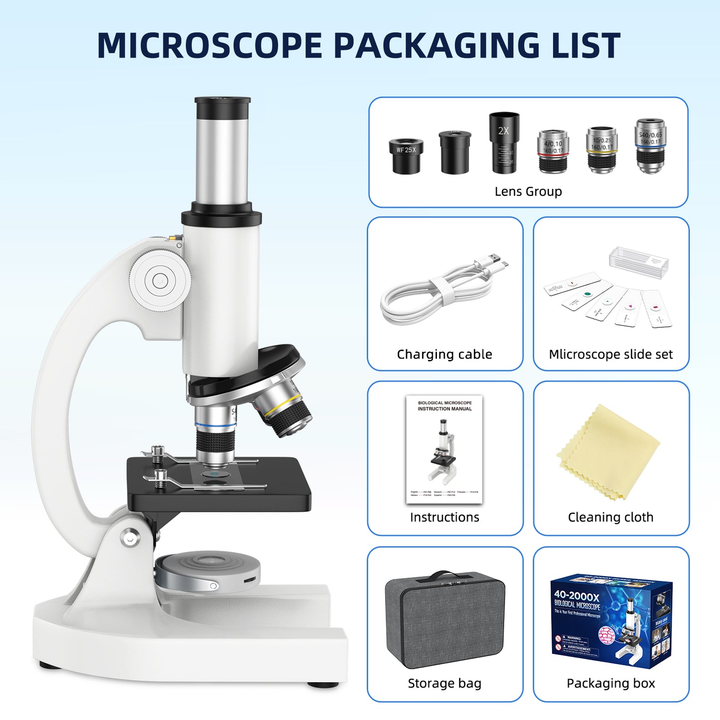 USCAMEL Microscope Set for Beginner, Kids Microscope 2000x Compound Microscope for Students Adults w/Prepared Slides
