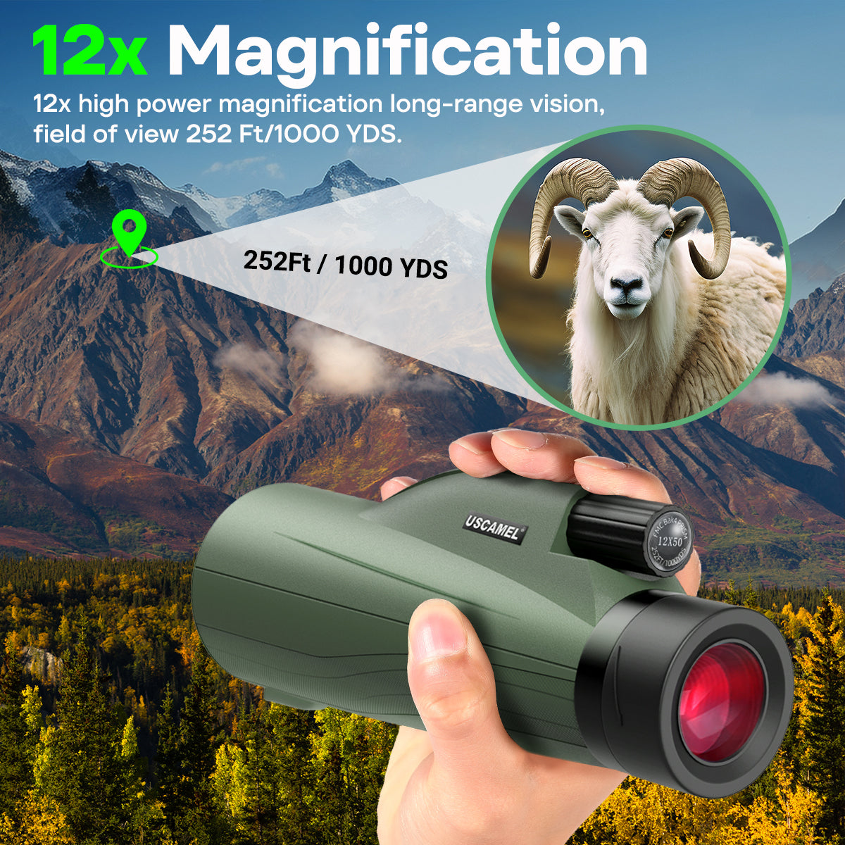 USCAMEL 12x50 Monocular for Adults Portable Monocular Telescope for Smartphone w/Hand Strap Waterproof Optics Compact Monocular for Bird Watching Hunting