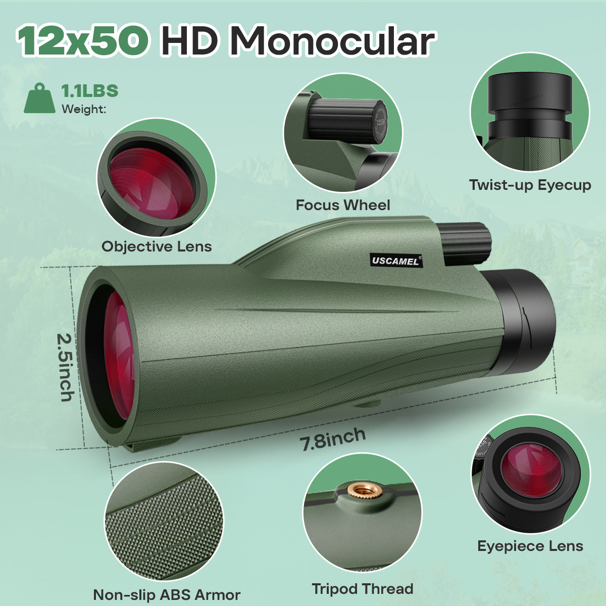 USCAMEL 12x50 Monocular for Adults Portable Monocular Telescope for Smartphone w/Hand Strap Waterproof Optics Compact Monocular for Bird Watching Hunting