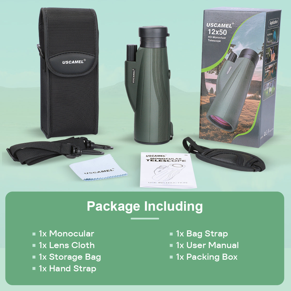 USCAMEL 12x50 Monocular for Adults Portable Monocular Telescope for Smartphone w/Hand Strap Waterproof Optics Compact Monocular for Bird Watching Hunting