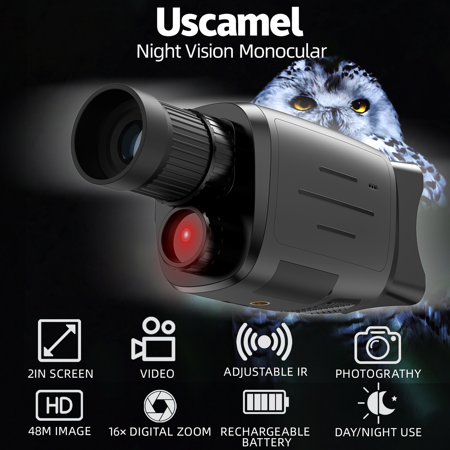 USCAMEL Night Vision Monocular for Adult Kid, 2" Screen One Hand Night Vision Scope for Day and Night Hunting w/32G SD Card