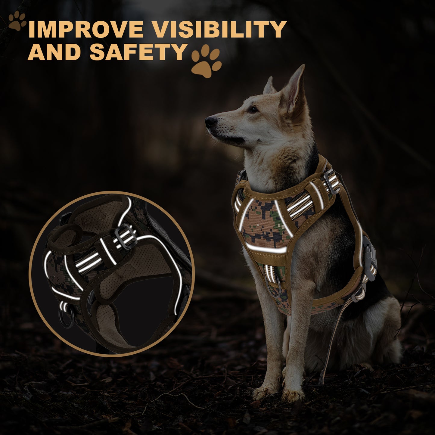 HUTACT Dog Harness, No Pull Harness, No Choke Reflective Vest with Handle, Adjustable Pet Harness for Running Walking, Khaki