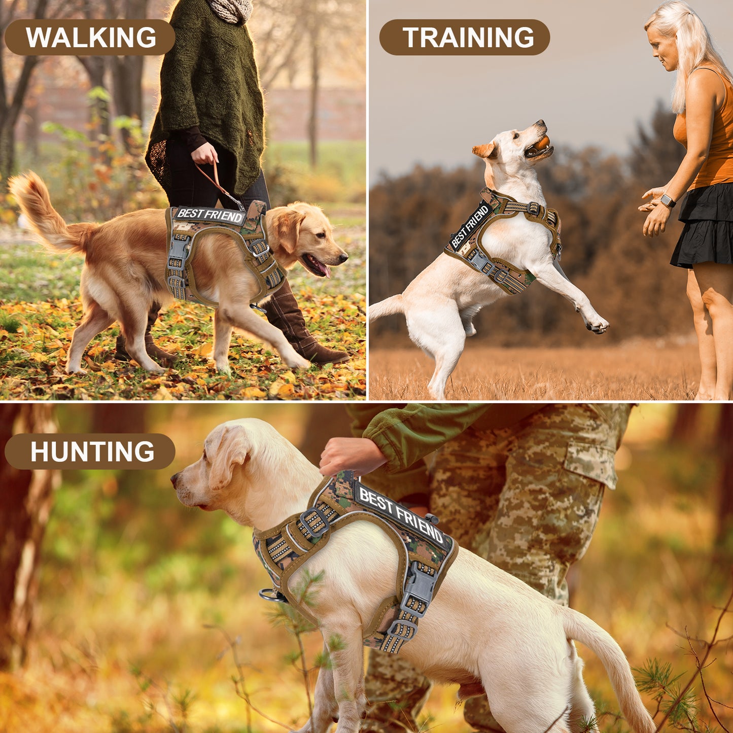 HUTACT Dog Harness, No Pull Harness, No Choke Reflective Vest with Handle, Adjustable Pet Harness for Running Walking, Khaki