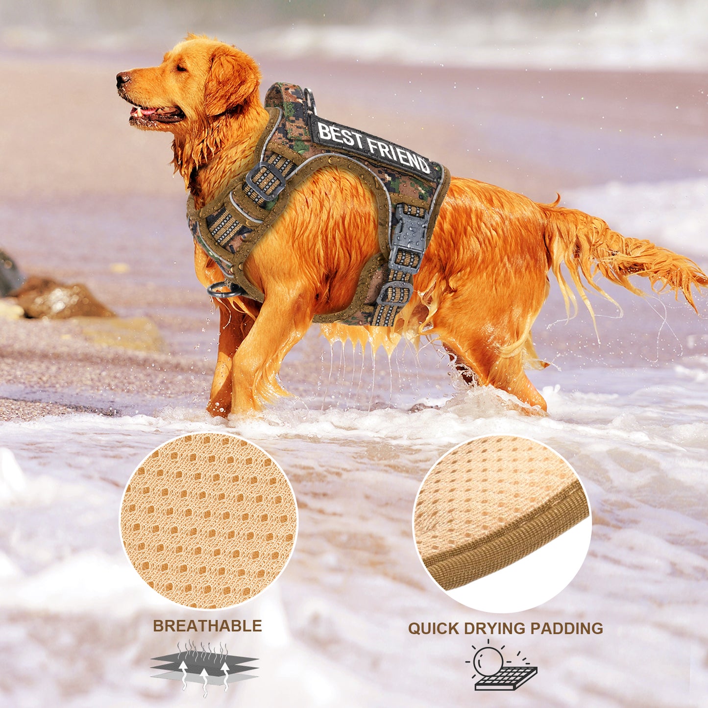 HUTACT Dog Harness, No Pull Harness, No Choke Reflective Vest with Handle, Adjustable Pet Harness for Running Walking, Khaki