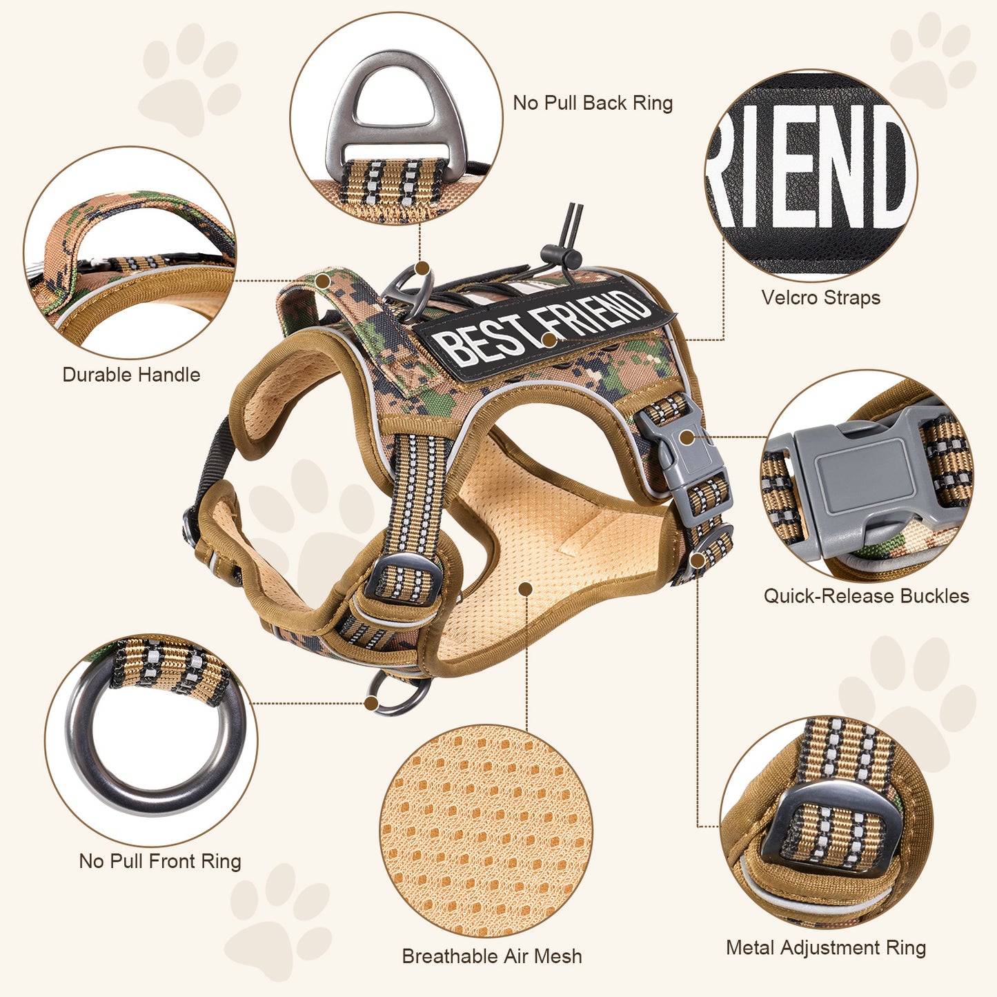 HUTACT Dog Harness, No Pull Harness, No Choke Reflective Vest with Handle, Adjustable Pet Harness for Running Walking, Khaki