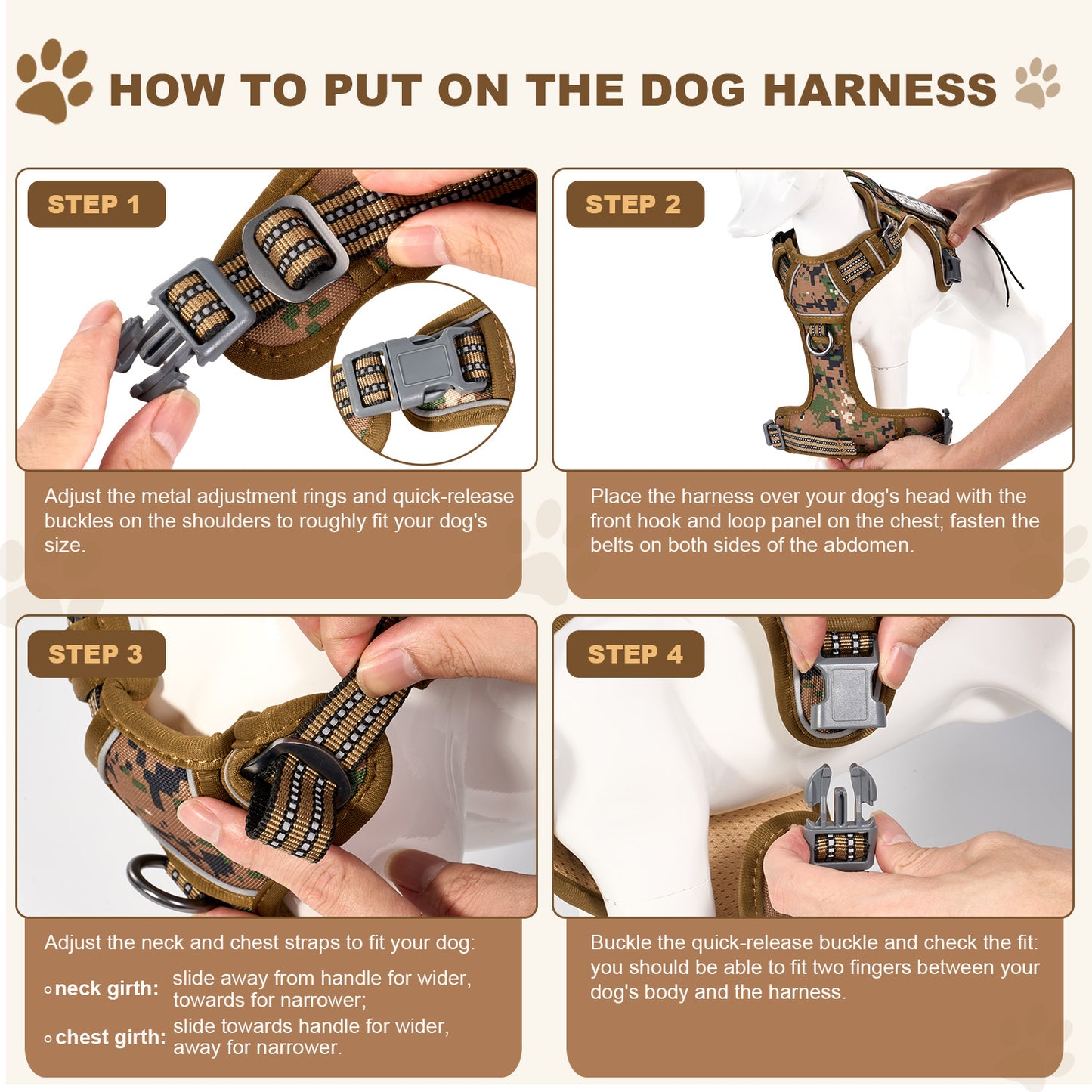 HUTACT Dog Harness, No Pull Harness, No Choke Reflective Vest with Handle, Adjustable Pet Harness for Running Walking, Khaki