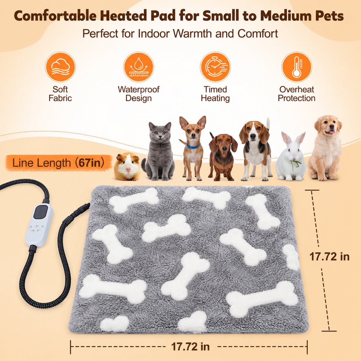 HUTACT Pet Heated Pad, 23.62" Winter Heating Pad for Dogs Cats, 9-Level Temp Control with Timer, Safe Heated Mat Overheat Protection & Chew-Proof Cord
