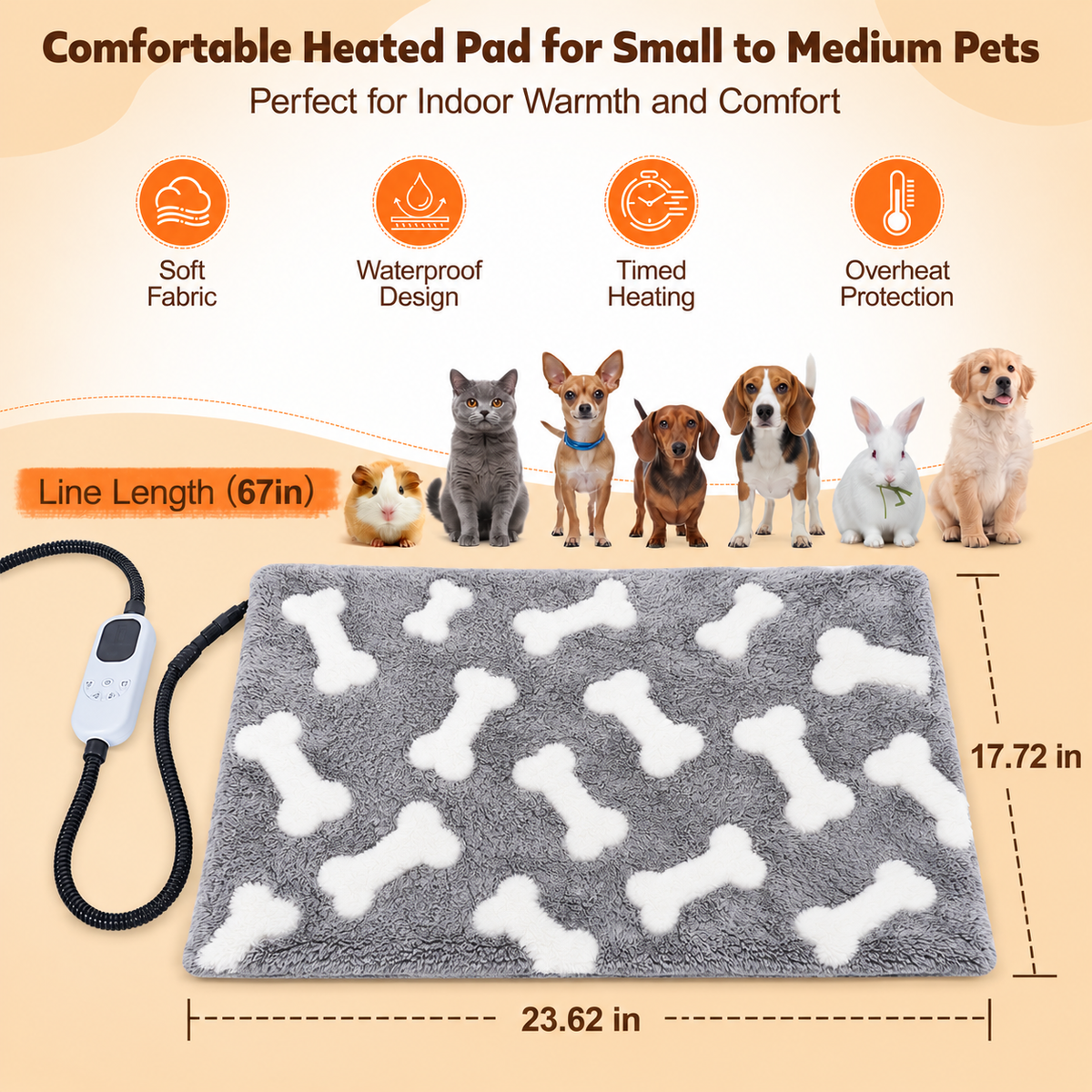 HUTACT Pet Heated Pad, 23.62" Winter Heating Pad for Dogs Cats, 9-Level Temp Control with Timer, Safe Heated Mat Overheat Protection & Chew-Proof Cord