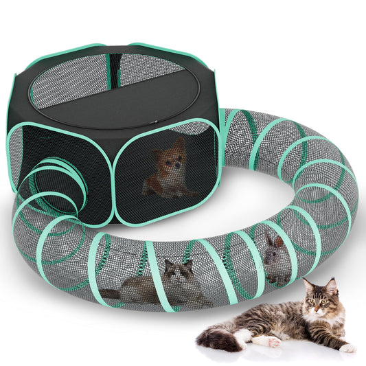 HUTACT Pet Playpen with Tunnel for Cats and Small Dogs 47" Portable Exercise Tent, Rabbit Playpen Foldable Indoor Outdoor Travel Use, Come with Carrying Case