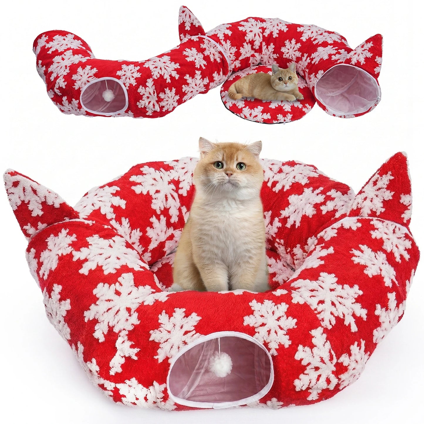 Hutact Cat Tunnel Bed with Soft Cushion, 2-in-1 Pet Bed & Tunnel for Indoor Cats, 34" Soft Plush Peekaboo Cat Cave Donut Tunnel Playground Toys for Kittens, Green