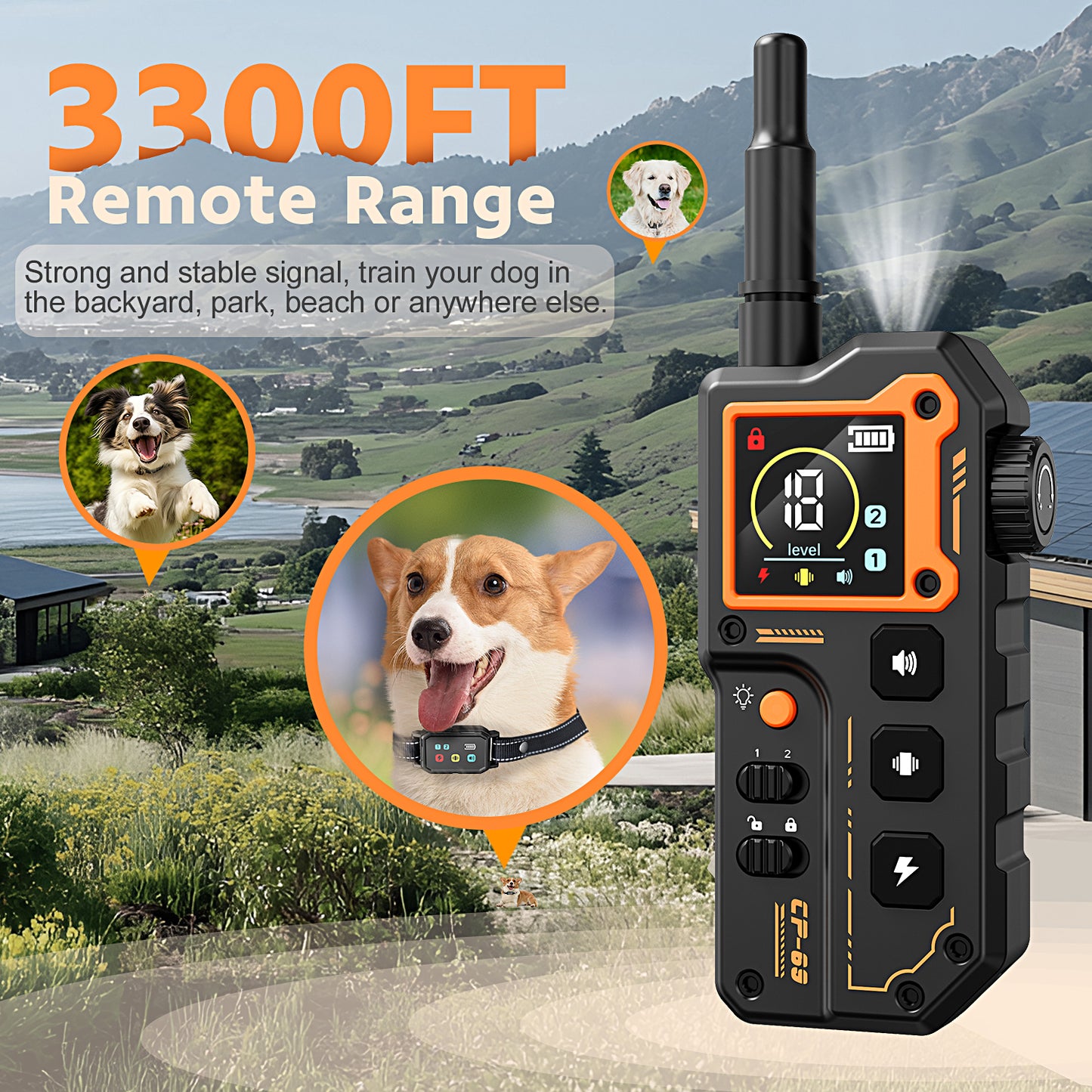 USCAMEL Dog Training Collar, Upgraded 3300FT Shock Collar with Remote for Dog with Bright Flashlight, Train Dog Collar 3 Modes Beep Vibration Shock