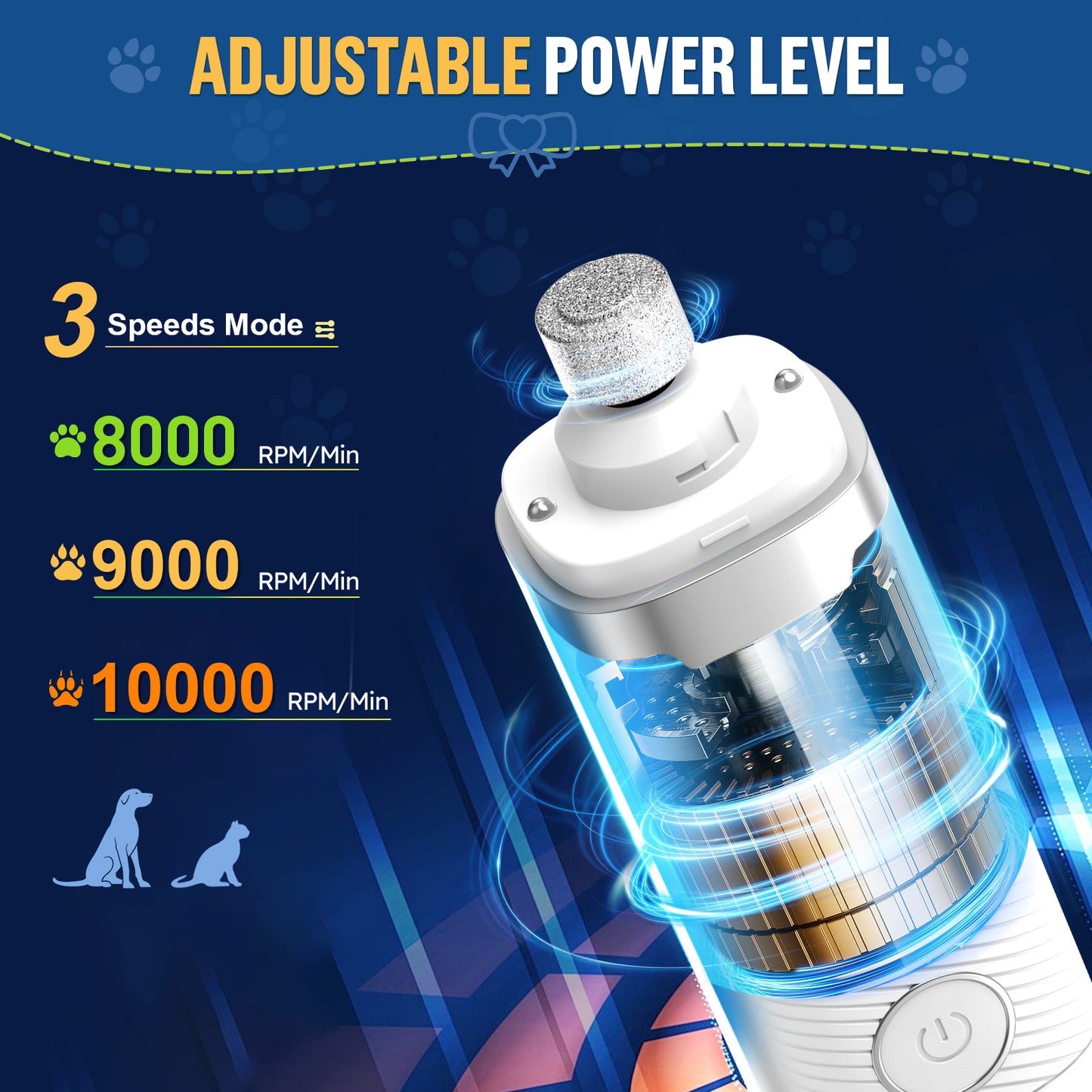 Dog Nail Grinder, Pet Nail Trimmer for Dog Cat w/Lights, Low Vibration, LCD Display, Quiet 3 Speeds Electric Pet Nail Polisher, Clipper Grooming Tool for All Breed